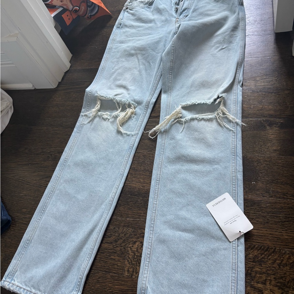 Re/Done Light Blue Distressed Straight Leg Jeans